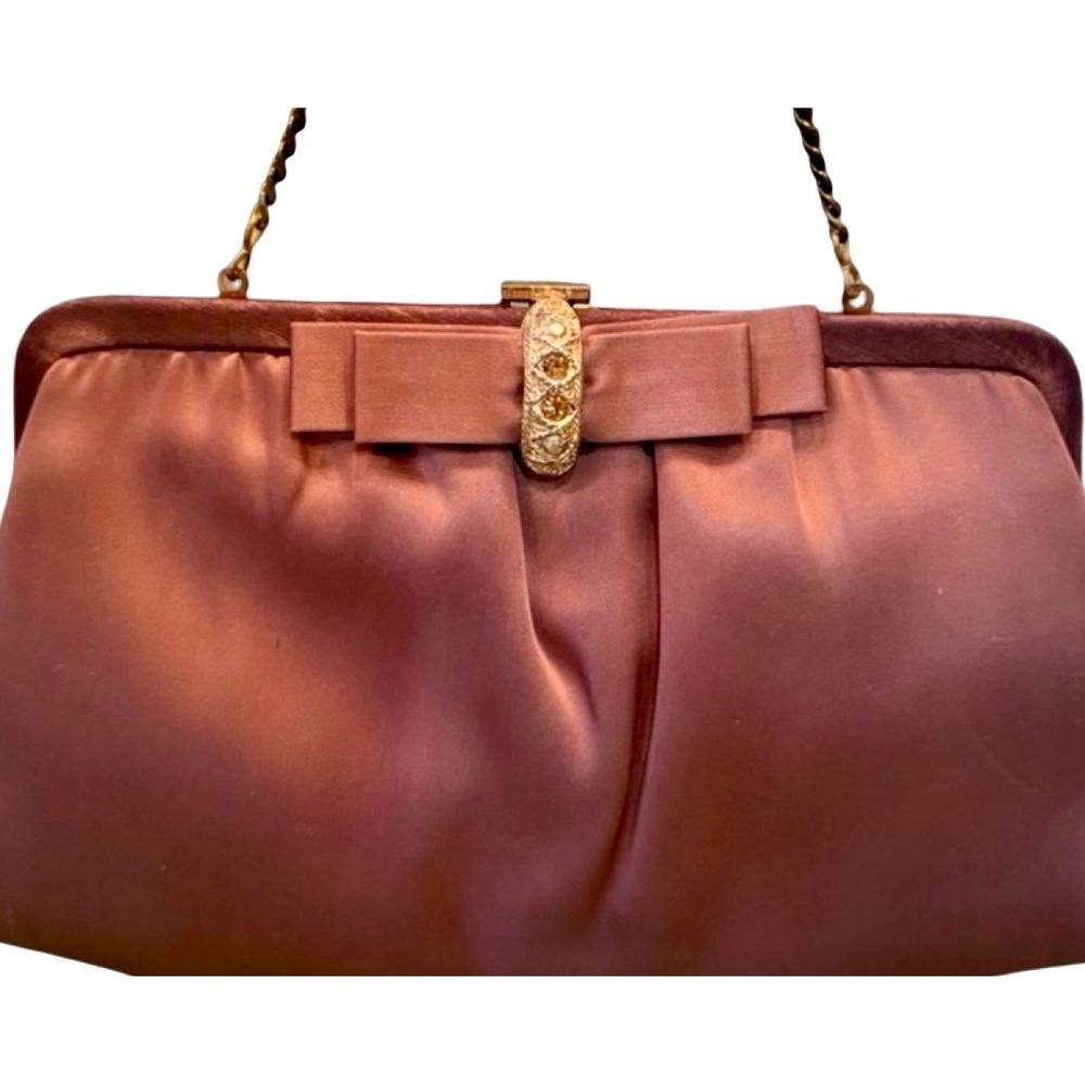 Vintage Ande Rust Satin Evening Bag Rhinestone Bow‎ Gold Chain Formal Purse